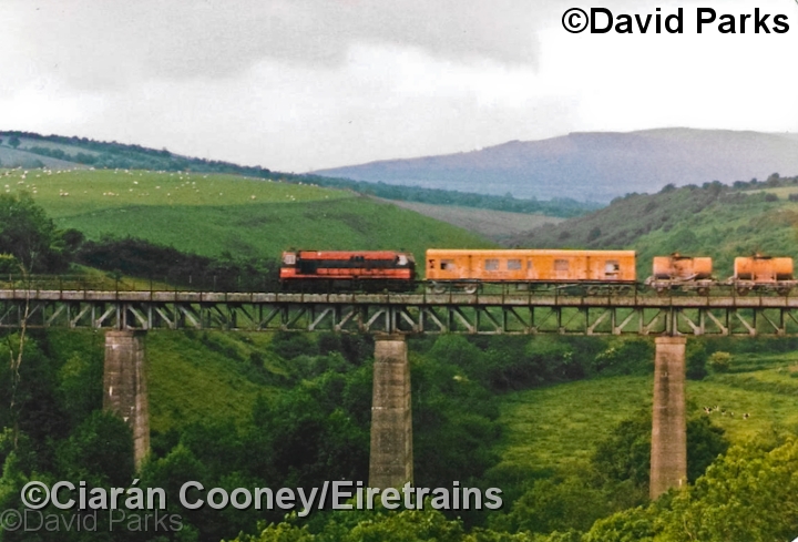 Durrow_20110209_102_CC_JA.jpg - In June 1986, 141 Class loco No.177 crosses the Ballyvoyle Viaduct with the annual CIE weed spraying train from Waterford to Ballinacourty. This was the only kind of train to traverse the Ballinacourty line during the 1980s. ©David Parks